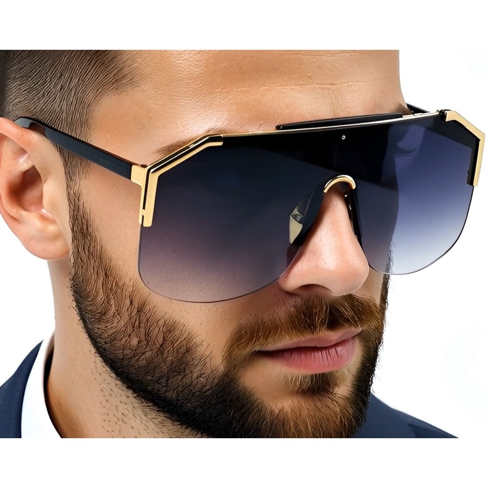 Shield Sunglasses Gold Accents‎ Single Black Lens Miami Beach Style Trendy Gafas